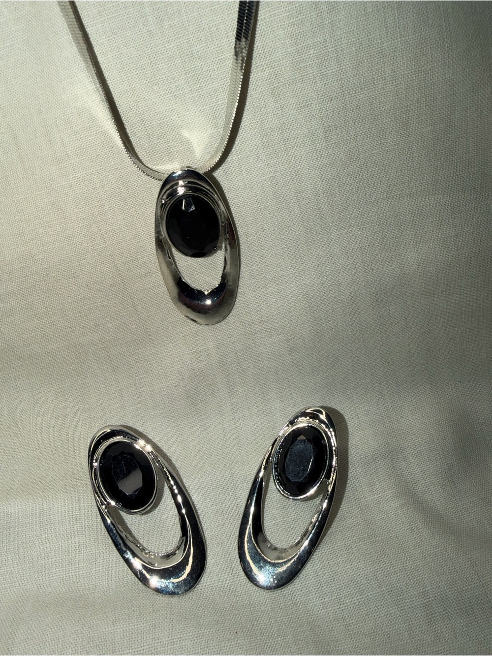 Silver-tone Necklace and Earring Set with Black Stones